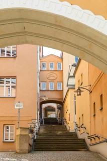 Archway at the New Town Hall with stairs at the portico, the passageway to the