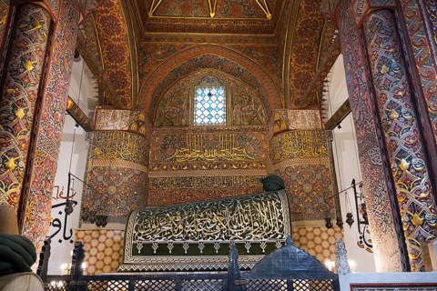 Magnificent interior with ornate ornaments and calligraphy in ancient architectural style, tomb of