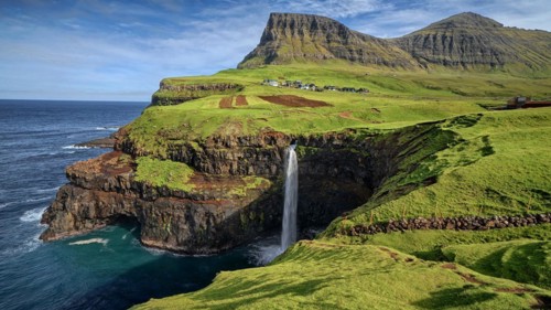 Mulafossur, waterfall and village view, Faroe Islands, Faroe Islands, Denmark