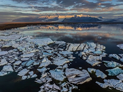 Ice floes, glacier, glacier tongue, fog, clouds, morning mood, mountains, reflection, aerial view,