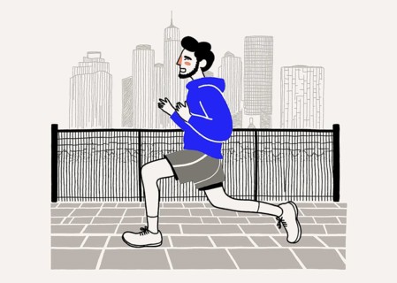 A stylized illustration of a man in a blue hoodie running along a city promenade. Skyscrapers loom