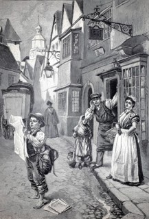 In the foreground a newspaper boy who is barefoot and carries and reads a large bag, people on the
