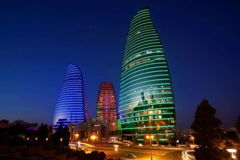 Azerbaijan, Baku, Flame Towers at night, Europe, Asia