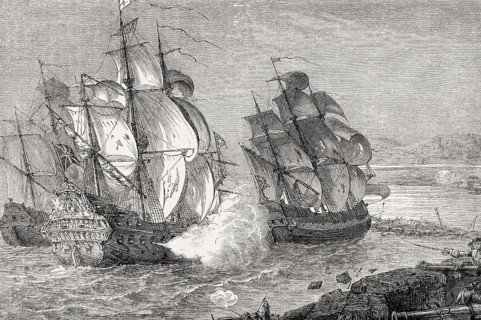 The merchant ship Mountjoy and the frigate HMS Dartmouth at the Great Siege of Londonderry, 1689,