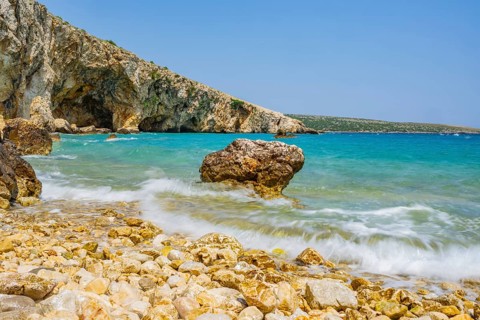 Romantic view over the sea in Koromacna Bay on a sunny day with rough seas on the island of Cres,