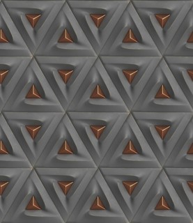 3D geometric pattern featuring triangular shapes with metallic accents. Ideal for modern wallpaper,