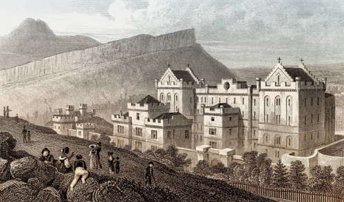 The new Bridewell, Salisbury Crags, and Arthur's Seat from Calton Hill, Edinburgh, Scotland, 19th