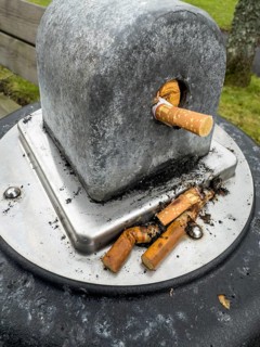 Public ashtray with cigarette butts outdoors in Ystad, Skåne County, Sweden, Scandinavia