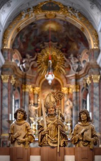 Interior view of the main altar with painting St John on Patmos by Johann Baptist Zimmermann,