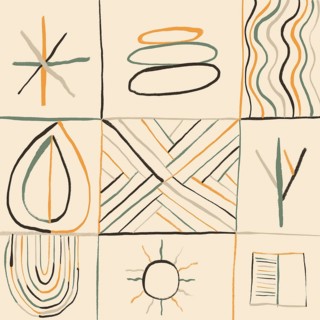 Artistic grid of hand-drawn desert-inspired symbols and patterns in earthy tones of orange, green,