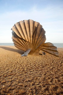 Scallop sculpture by artist Maggi Hambling, on shingle beach at Aldeburgh, Suffolk, England, United