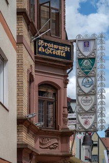 Nose sign of the Bratwurst Glöckle inn, Neo-Renaissance, 1899, Bad Kissingen, Lower Franconia,