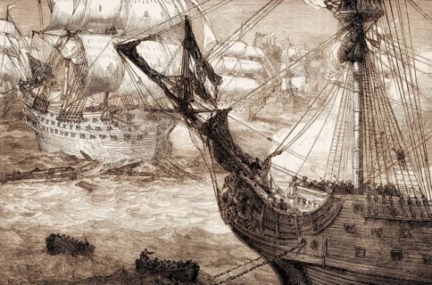 HMS Torbay at the Battle of Vigo Bay, 23 October 1702, From British Battles on Land and Sea, by