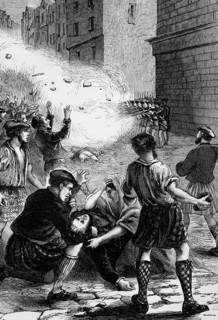 Soldiers fire on rioters during the 1723 riots in Glasgow over the tax on beer. The nine dead and