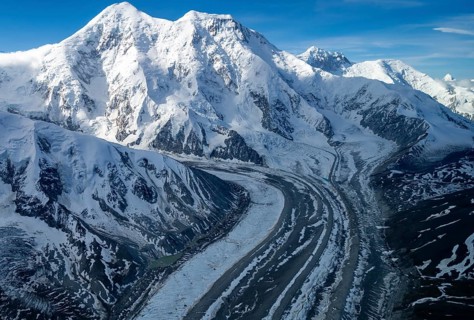 Mt Denali or Mount McKinley with East Fork Kahiltna Glacier, aerial view, Alaska Range, Denali