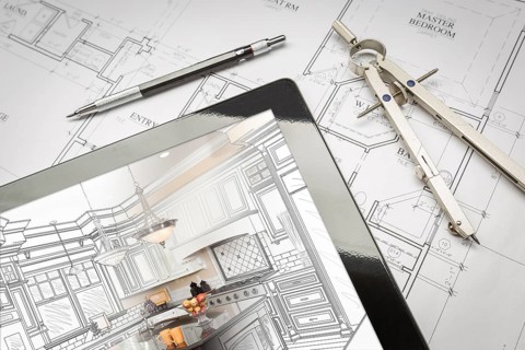 Computer Tablet Showing Kitchen Illustration On House Plans, Pencil, Compass