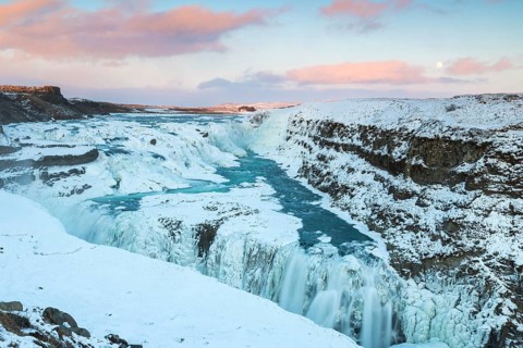 Gullfoss, Hvítá river waterfall, ice, frost, snow, winter, sunset, Haukadalur, Iceland, Scandinavia