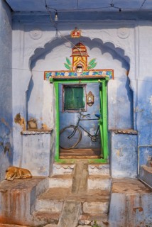Blue painted house facade, entrance, Bundi, Rajasthan, India