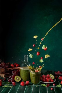 A dynamic display of green juice with spinach, strawberries, cherries, and grapes splashing in
