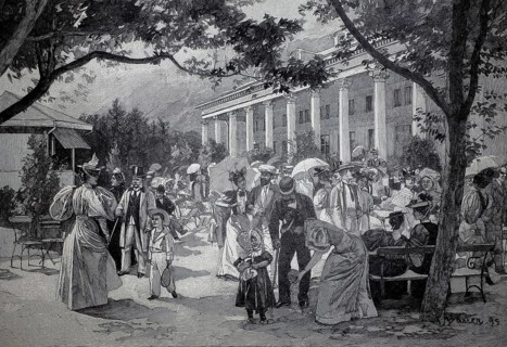 Noble people in front of the Kursaal in Bad Ragaz, 1890, Switzerland, illustration, reproduction of