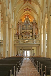 View of the organ of the Gothic Predigerkirche, interior view, gallery, Erfurt, Thuringia, Germany