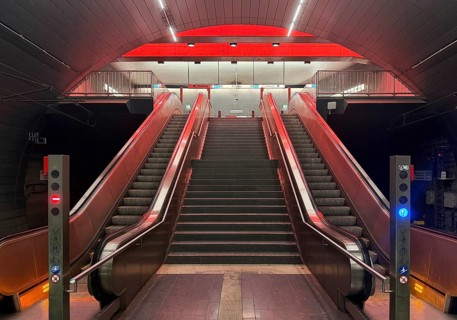 Artistically designed Lohring subway station with stairs and escalators, Bochum, North