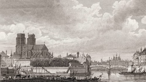 Panorama of Paris with Notre-Dame de Paris, antique steel engraved print, 1831