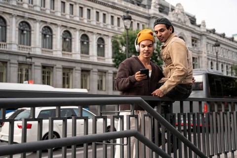 A gay couple in casual attire shares a tender moment on a Madrid street, leaning on a railing and