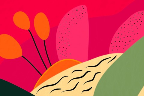 An abstract floral illustration featuring vibrant color blocks and stylized flower elements in