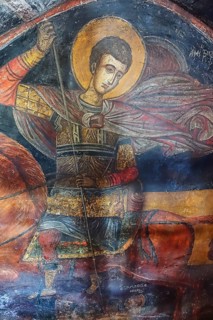 Medieval fresco of a saint in armour on a horse with halo, Asklipio village, Asklipion, Kimisis tis