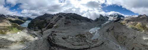 Aerial view, Alpine panorama, mountain landscape with glacier Glacier de Cheilon and summit Mont