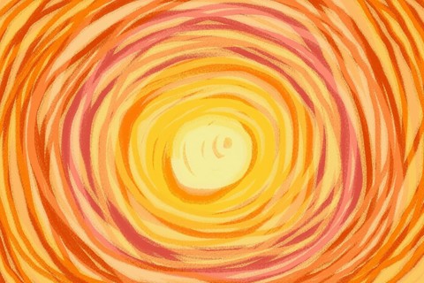 This abstract illustration features vibrant swirling patterns in warm orange and yellow hues,
