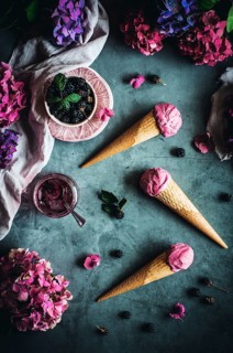 Tempting blackberry cones featuring Greek yogurt, cream, and homemade wild blackberry jam. A
