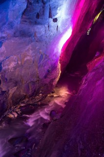 The Tamina Gorge and the Tamina River illuminated in colour at night, Altes Bad Pfäfers, St.