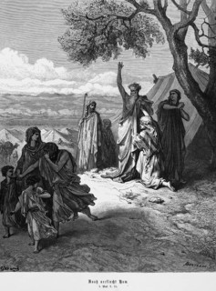 Bible, Noah curses Ham, his son, Genesis, 9, 25, Moses, Old Testament, landscape, tents, tree,