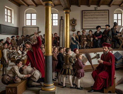 Medieval school scene, several groups of students are taught in one room, symbolic image school,