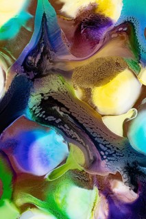This abstract image showcases vibrant ink blends with rich textures flowing over multiple colored