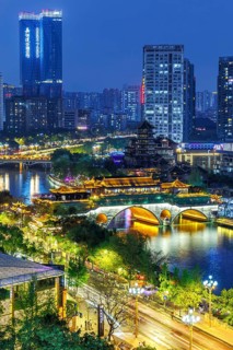 Chengdu skyline with Anshun Bridge over Jin River at night in Chengdu, China