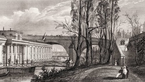 Bains Vigier, Pavillon de Flore, Louvre, Paris, antique steel engraved print, 1831