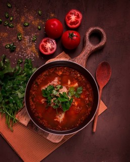 Kharcho soup, traditional Georgian dish, spicy soup, red, homemade, no people