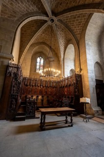 Interior with choir stalls in Notre Dame de Lausanne Cathedral, Lausanne, Vaud, Switzerland