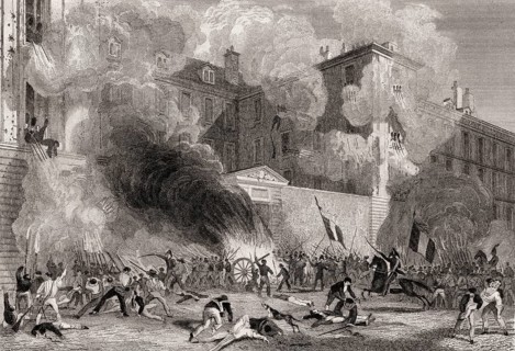 Attack to caserne Babylone of the Swiss Guards, rue de Babylone, Paris, antique steel engraved
