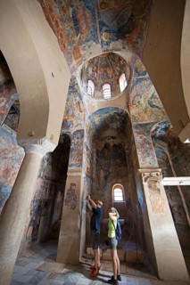 Church frescoes in the Byzantine ruined city of Mystras or Mistra on the Taygetos Mountains, UNESCO