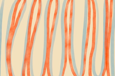 Abstract art featuring orange and blue wavy lines on a beige background. The hand-drawn design