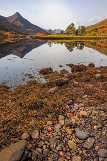 Mountains reflected in fjord, stones, midday light, sunny, still, coast, sea, autumn, autumn