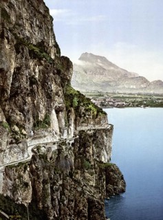 Ponale road and view of Riva, Lake Garda, Italy, Historical, digitally restored reproduction from a