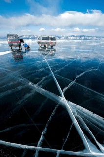Cars on ice, Lake Baikal, Olkhon Island, Pribaikalsky National Park, Irkutsk Province, Siberia,