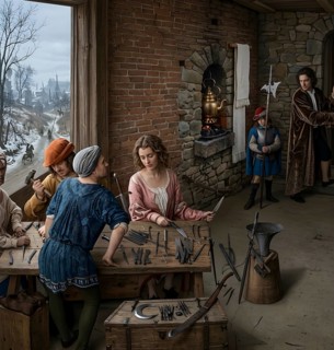 At the swordsweeper and cutler in 1506, symbolic image of the Middle Ages, history, guild, craft,