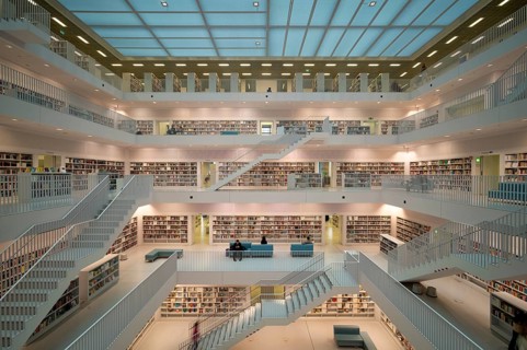 Interior view, gallery room with staircases of the city library, architect Eun Young Yi, Stuttgart,