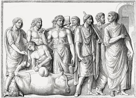 A haruspex observing a liver of a sacrificed animal, Ancient Rome